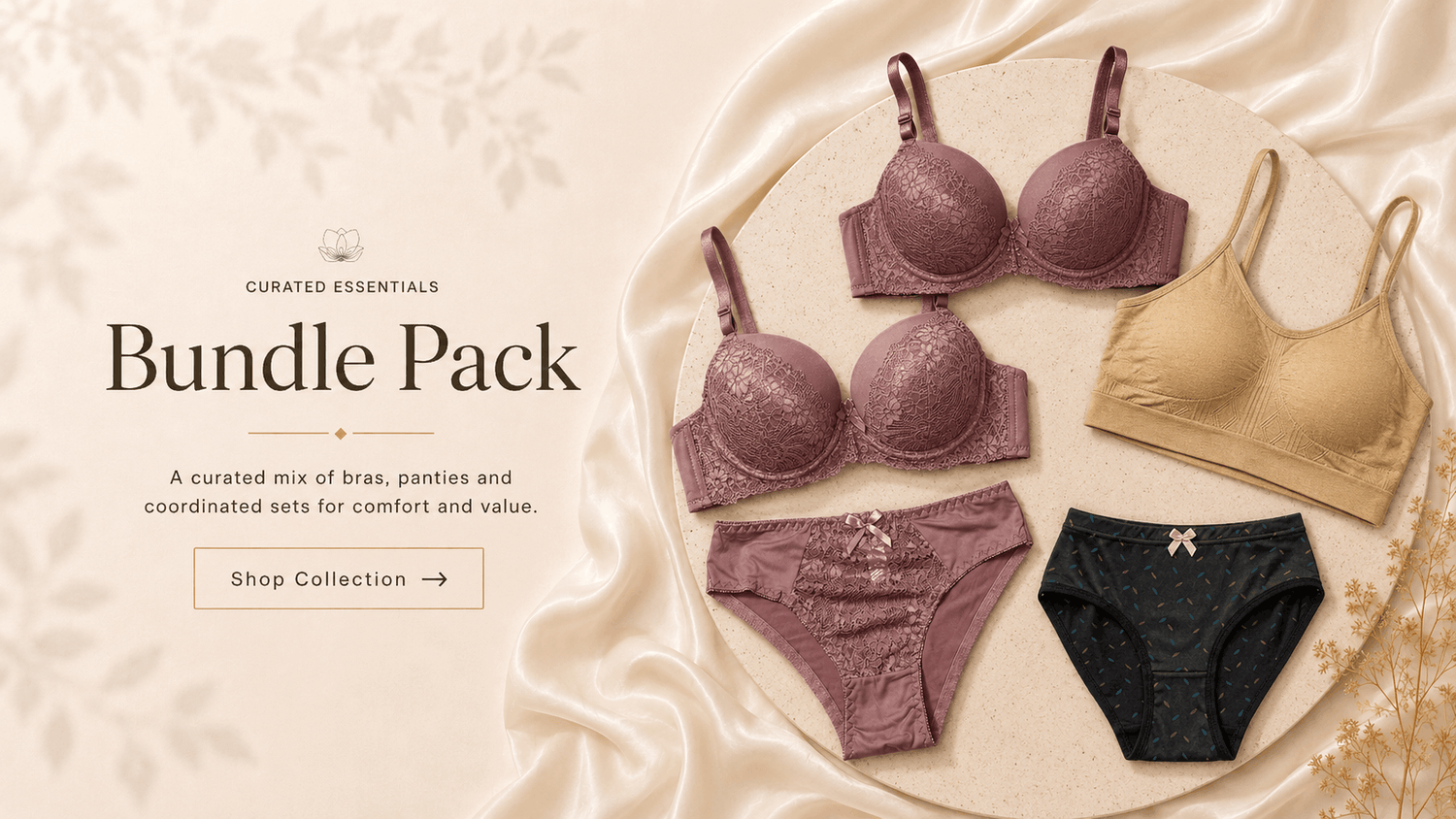 Bundle pack collection banner by Vareno Wear featuring a curated mix of bras, panties and lingerie sets in a luxury flat lay design