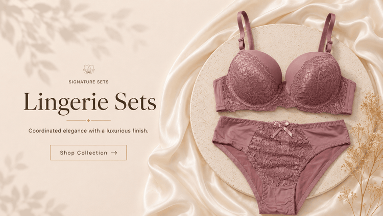 Lingerie sets collection banner by Vareno Wear featuring a pink lace bra and matching panties in a luxury flat lay design
