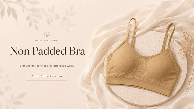 Non padded bra collection banner by Vareno Wear featuring a lightweight beige bra designed for soft everyday comfort
