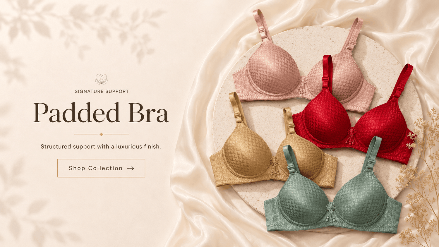 Padded bra collection banner by Vareno Wear featuring a burgundy lace bra and matching intimate wear set