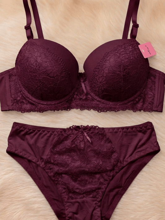 Vareno Wear Lace Padded Bra and Panty Set for Women – Soft Lingerie Set Maroon Pakistan